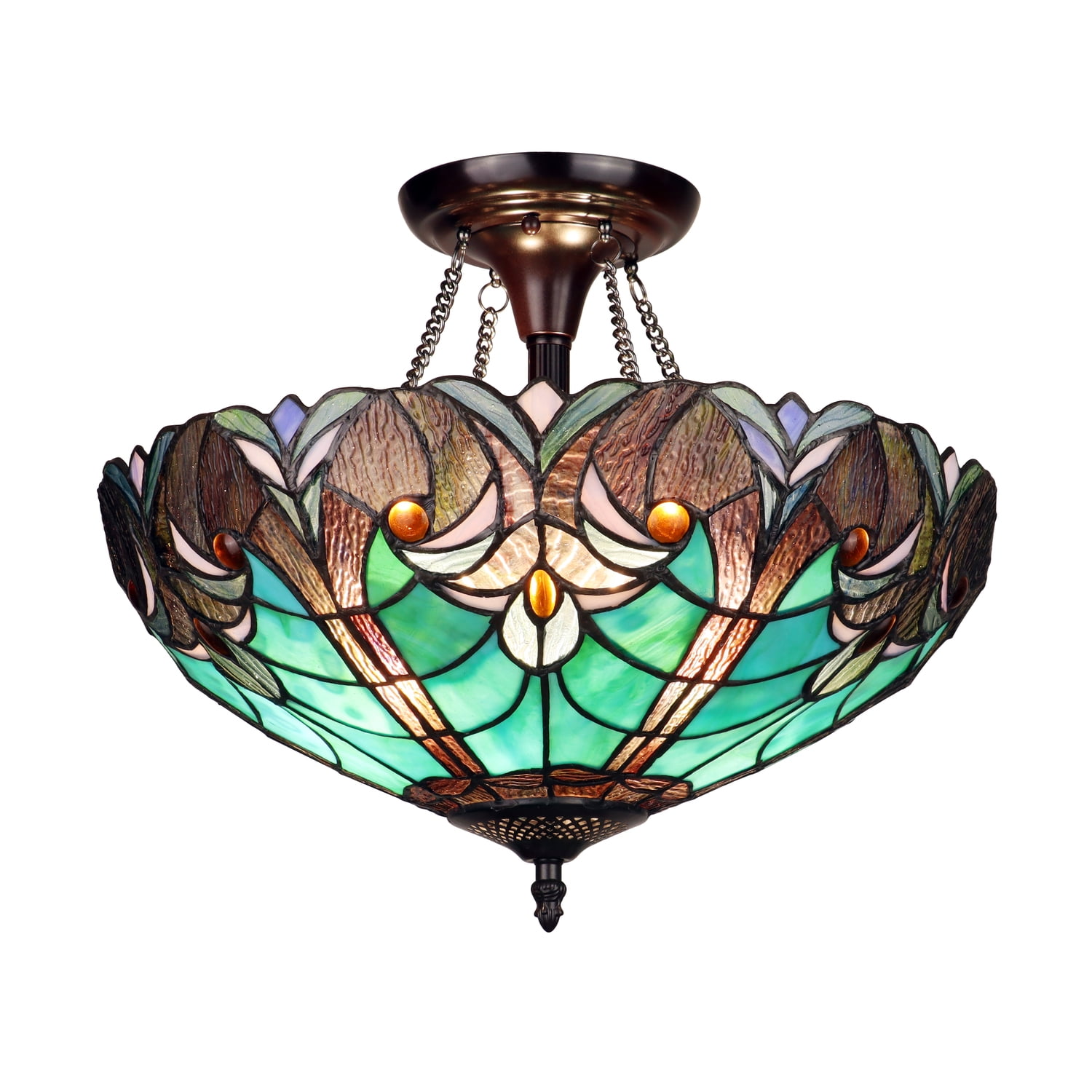 Victorian-Style Green Glass and Bronze Semi-Flush Mount Light