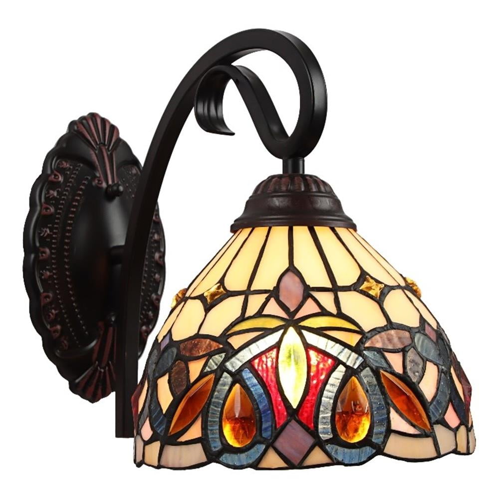 Victorian Tiffany-Style Bronze 1-Light Wall Sconce with Stained Glass
