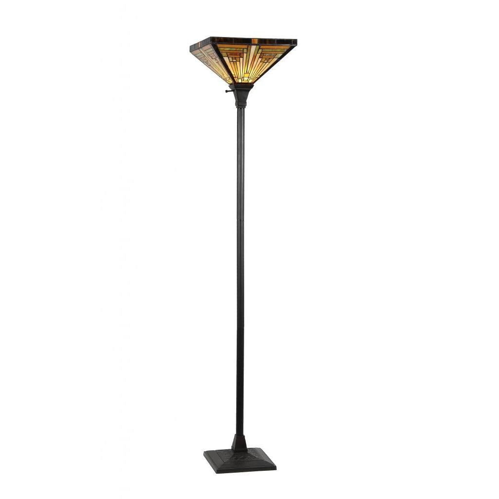 Tall Dark Bronze Torchiere with Stained Glass Shade