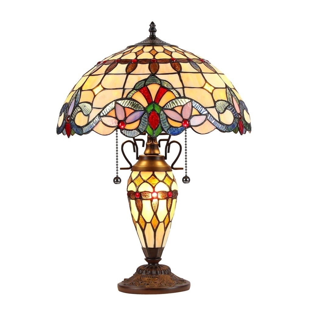 Victorian Style Bronze Table Lamp with Stained Glass Shade