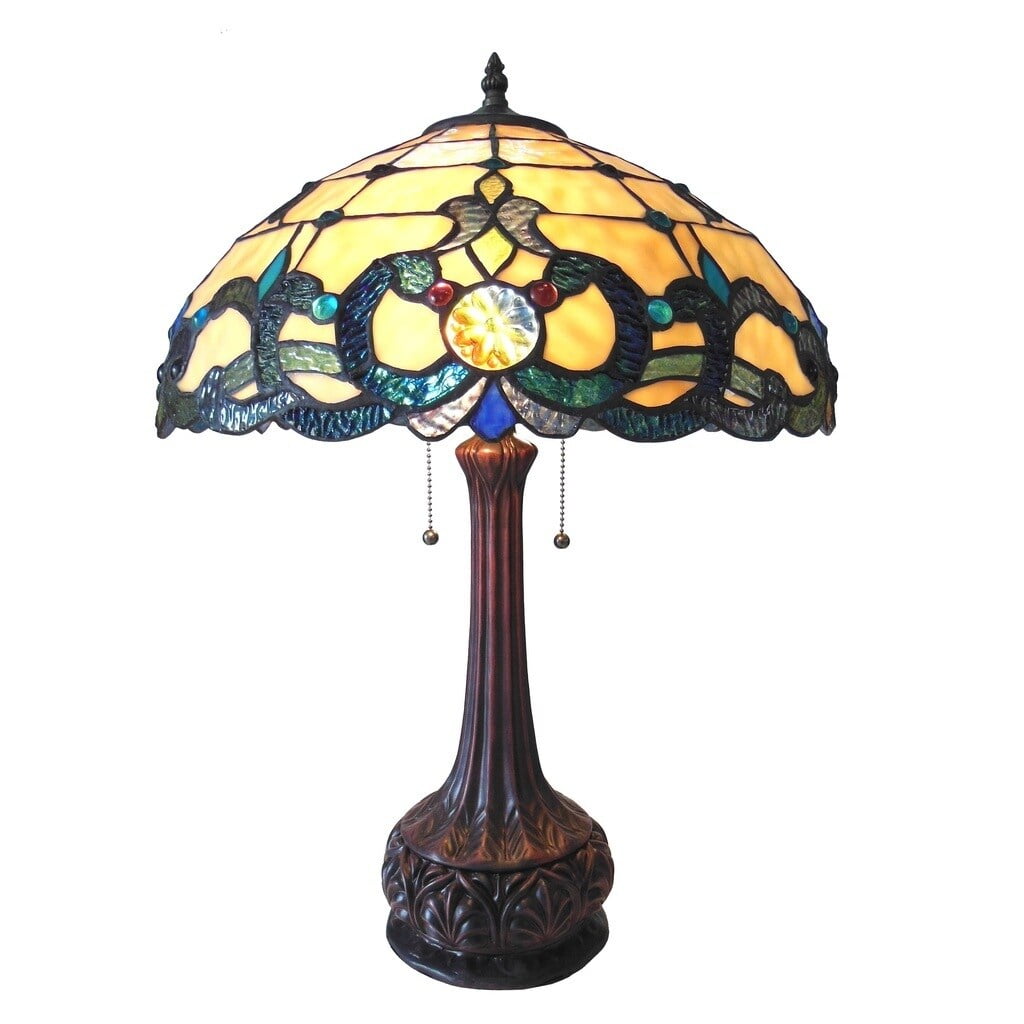 Victorian Style Bronze Table Lamp with Stained Glass Shade