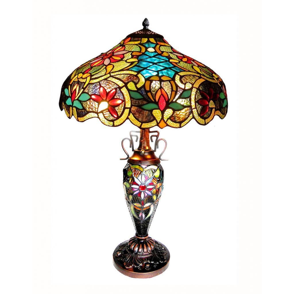 Victorian Style Dark Antique Bronze Table Lamp with Multicolored Art Glass Shade