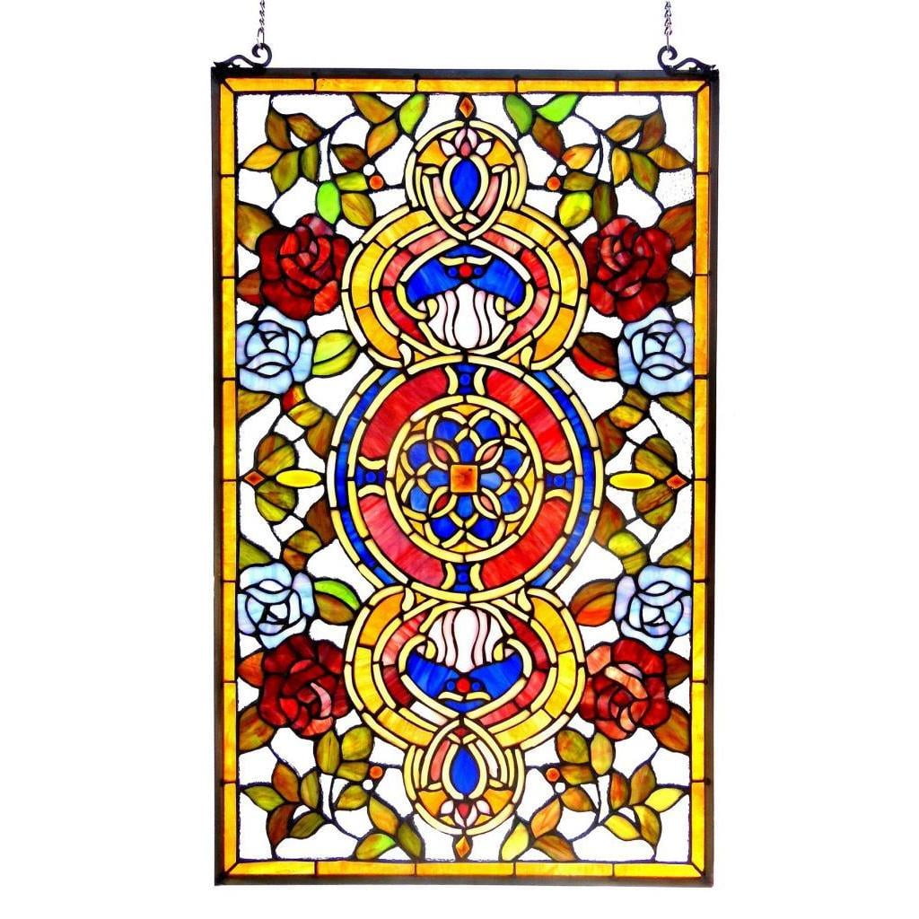 Victorian Style Stained Glass Window Panel with Red, Blue, Green, and Gold
