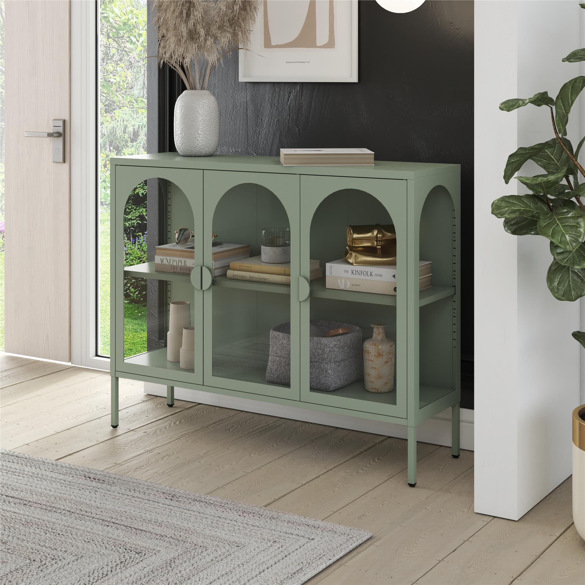 Pale Green Metal Accent Cabinet with Adjustable Shelving and Glass Doors