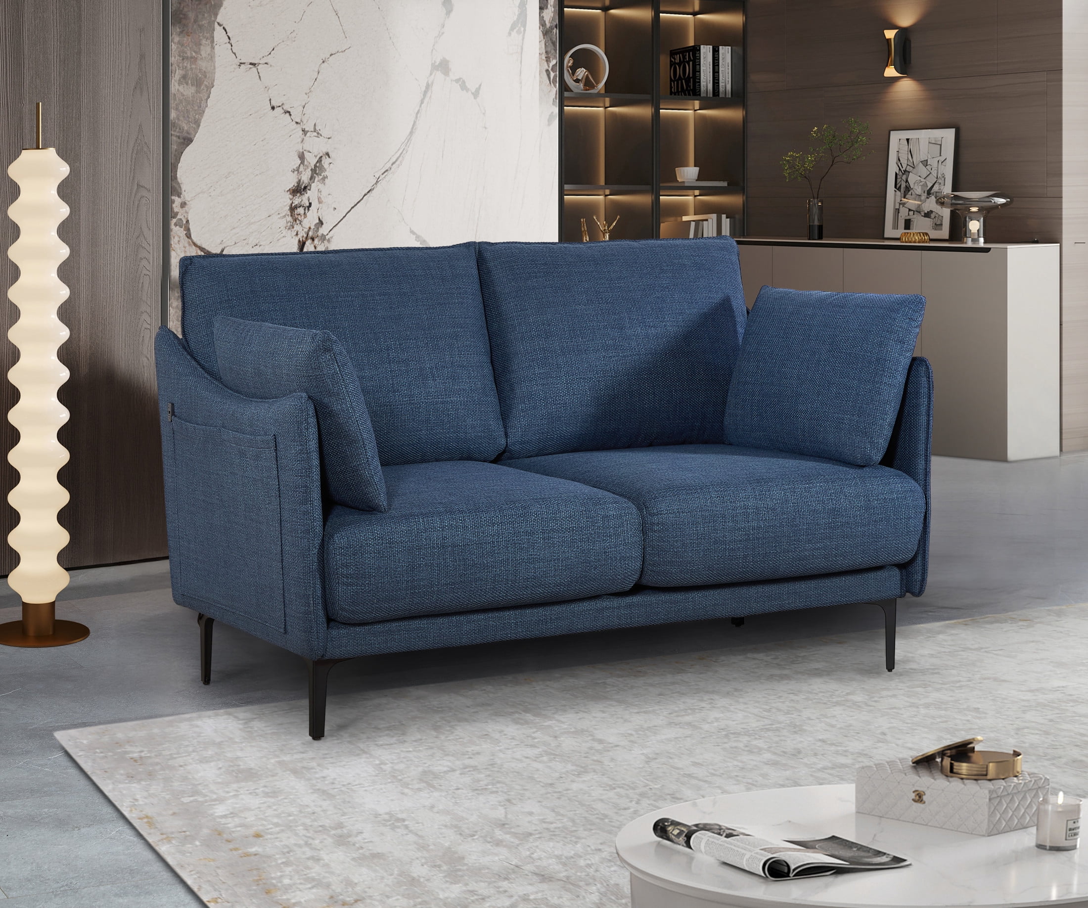 Chloe Modern Button-Tufted 2-Seater Sofa with USB Charge Port, Pillows, Metal Legs, Dark Blue