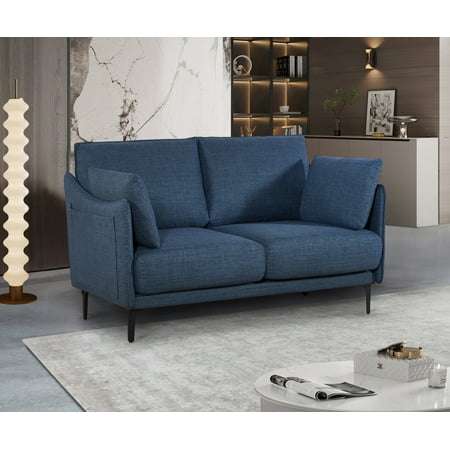 Chloe Modern Button-Tufted 2-Seater Sofa with USB Charge Port, Pillows, Metal Legs, Dark Blue