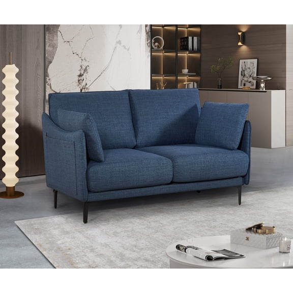 Chloe Modern Button-Tufted 2-Seater Sofa with USB Charge Port, Pillows, Metal Legs, Dark Blue