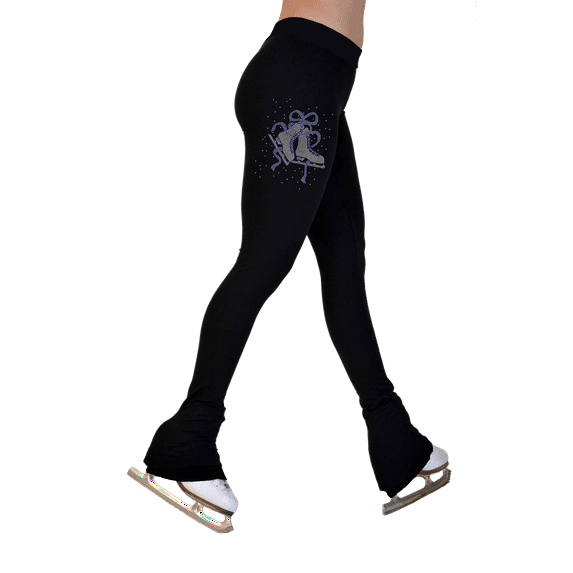 Chloe Noel P622F All Black 3" Waist Band Light Weight Fleece Figure Skating Pants w/ Mini Blue Ribbon Crystals