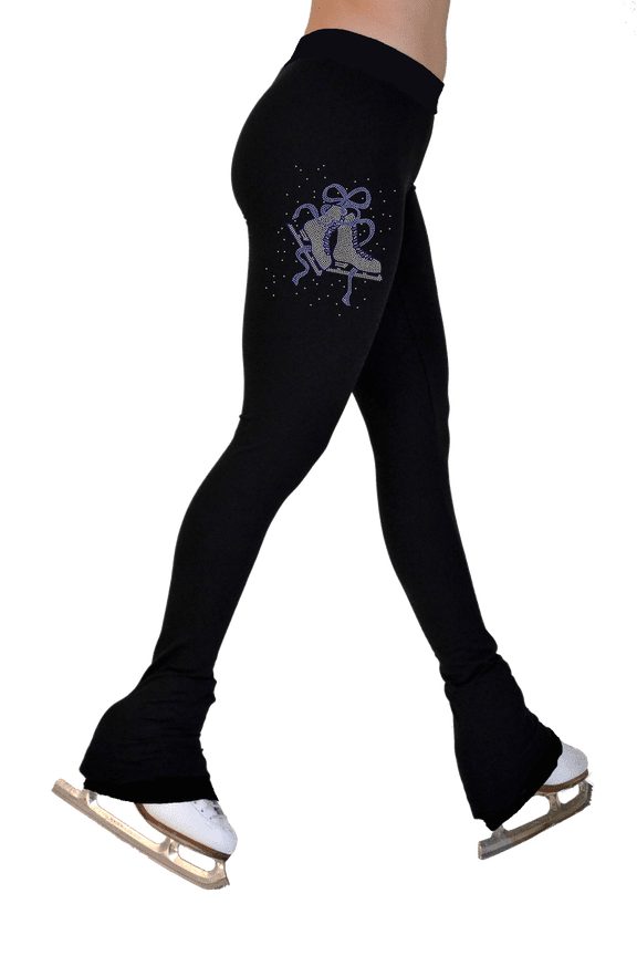 Chloe Noel P622F All Black 3" Waist Band Light Weight Fleece Figure Skating Pants w/ Mini Blue Ribbon Crystals