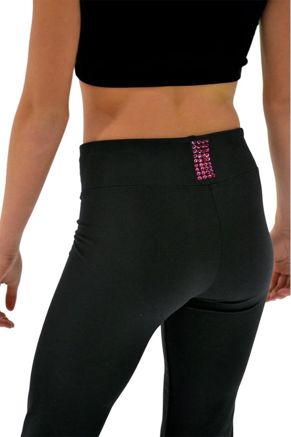 Chloe Noel P622F All Black 3" Waist Band Light Weight Fleece Figure Skating Pants with Fuchsia Swarovski Crystal Blocks