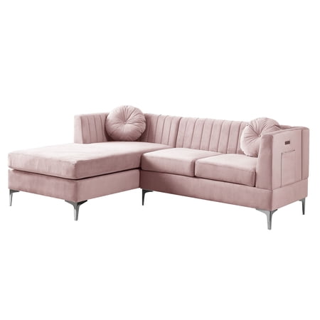 Contemporary Home Living 85.5" Chloe Pink Velvet Sectional Sofa Chaise with USB Charging Port