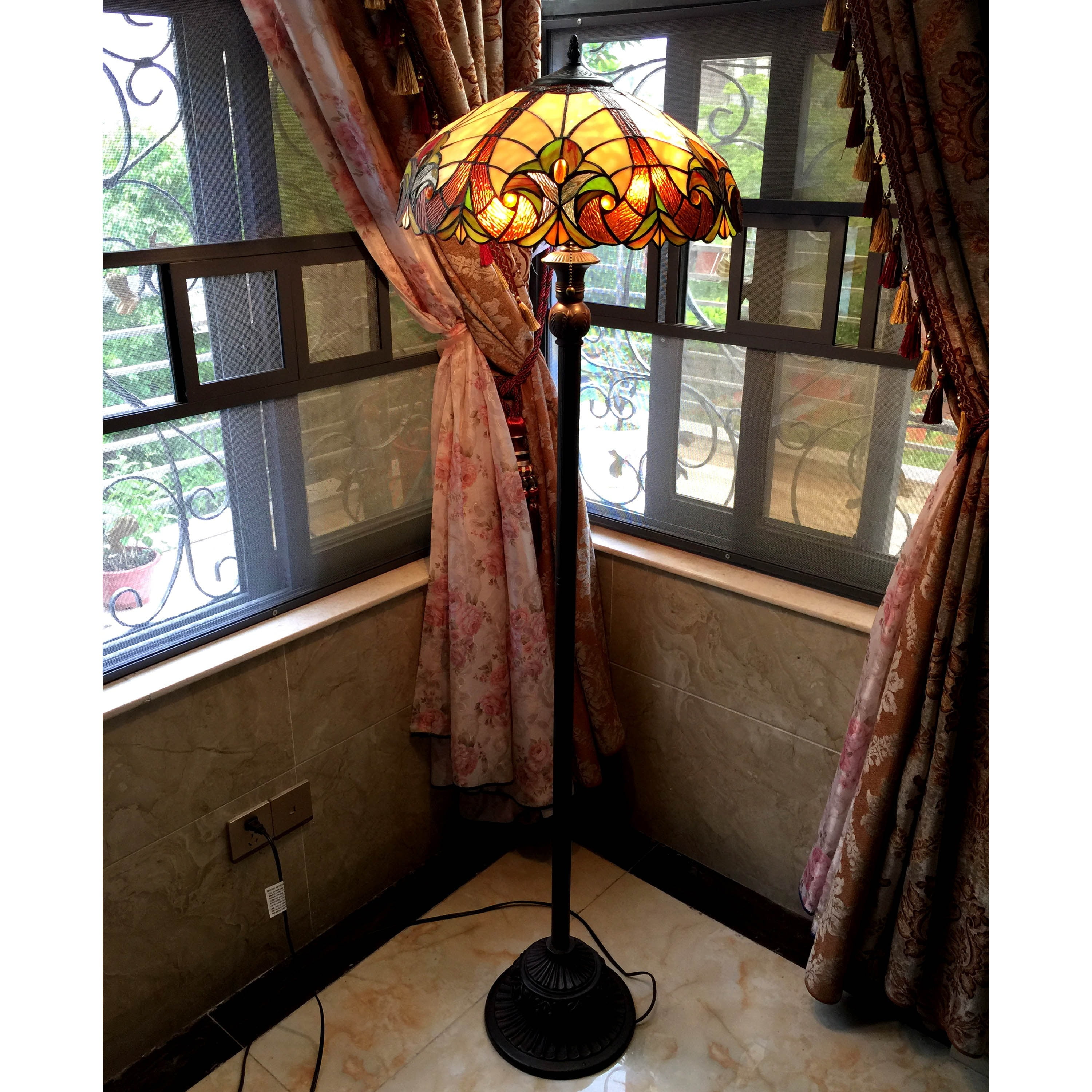 Victorian Style Bronze Floor Lamp with Stained Glass Shade