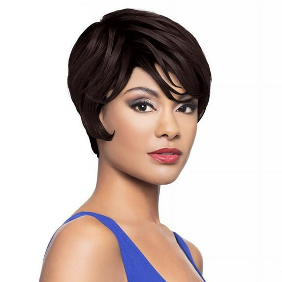 Chloe Wig Color 2 - Foxy Silver Wigs Short Boy Cut Straight Wispy Bangs Fusion Heat Synthetic Side Part African American Average Cap Bundle Hairloss Booklet, Comb