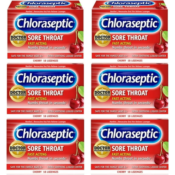 Chloraseptic Sore Throat Lozenges, Cherry Flavor, 18 Count, 6 Pack