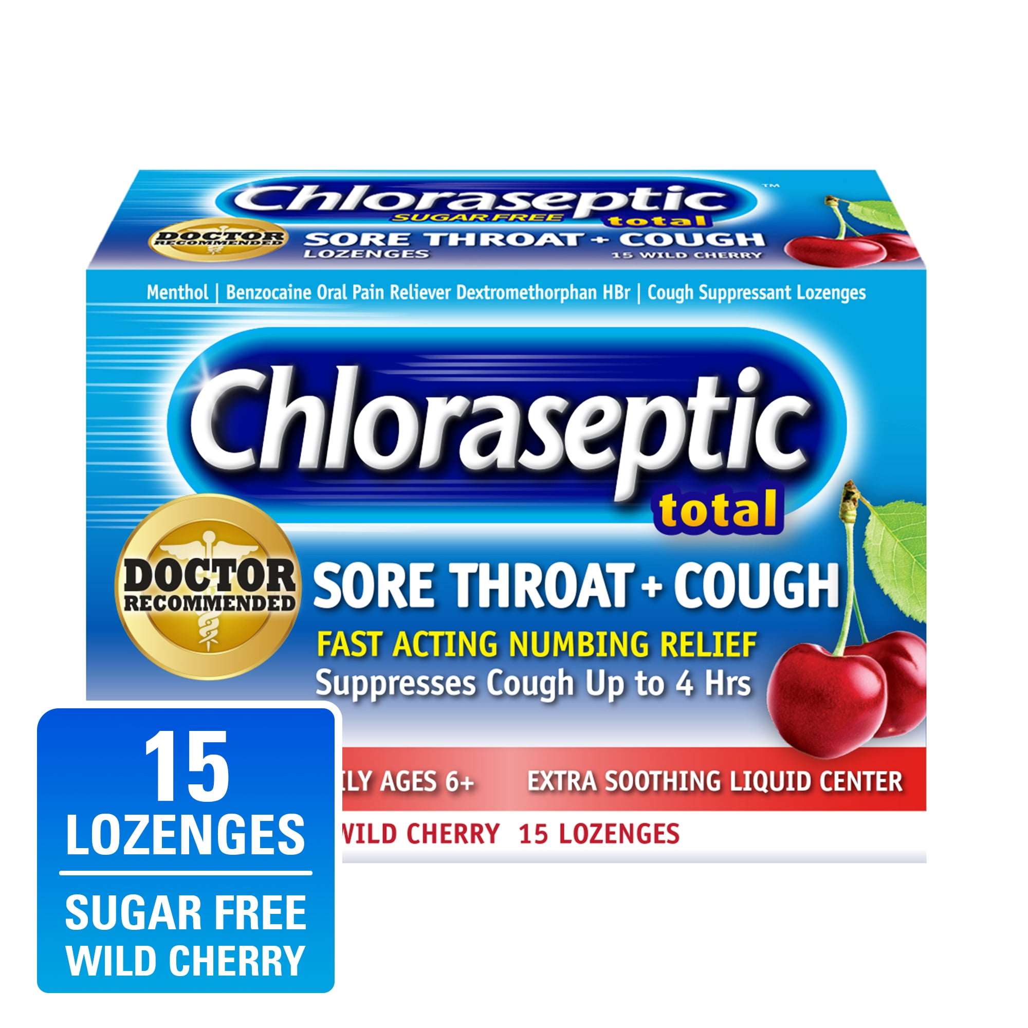 Chloraseptic Total Sore Throat + Cough Lozenges, Sugar-Free Wild Cherry Flavor, 15 CT