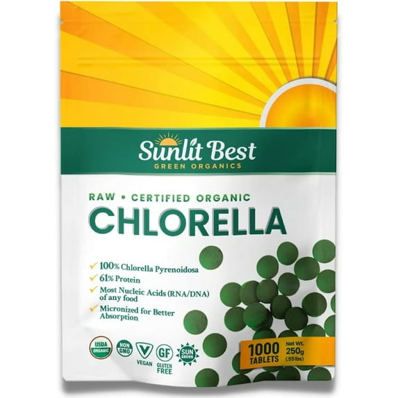 Chlorella Tablets Mega-Pack 1000 Tablets Cracked Cell, Organic, Raw, Non-GMO. 100% Pure Chlorella Pyrensoidosa. Green Superfood. High Protein, Chlorophyll & Nucleic acids. No preservatives or fillers