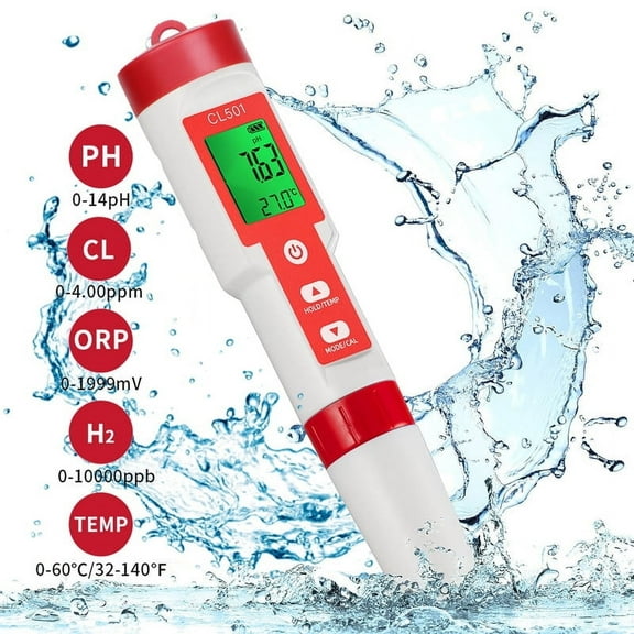 Chlorine & PH Meter, 5 in 1 Water Quality Tester for Chlorine/PH/ORP/H2/Temp, Digital pH and Chlorine Tester for Hot Tub Drinking Water Quality Analysis Monitor