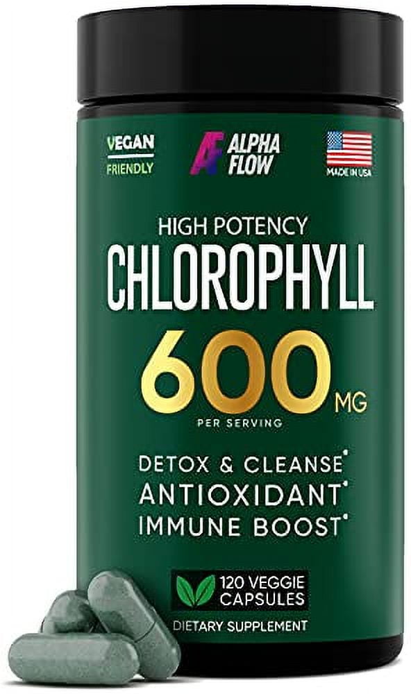 ALPHA FLOW 600 mg High Potency & Vegan Chlorophyll Capsules with Antioxidants for Immunity and Energy, 120 Capsules