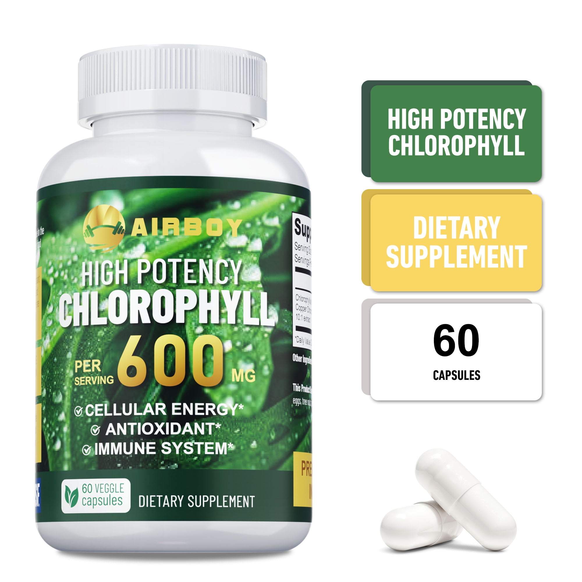 Chlorophyll Capsules 600mg -Cleansing & Detoxification, Skin Health, Antioxidant - 60 Capsules
