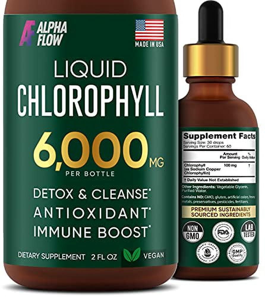 ALPHA FLOW 6000mg Antioxidant-Rich Body Detox Liquid Chlorophyll for Women & Men, Mint, 20 Oz