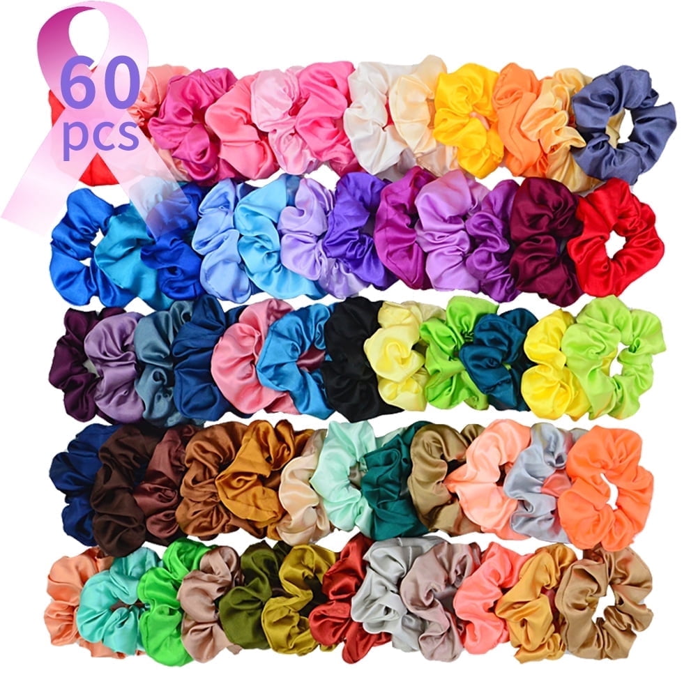 Chloven 60 Colors Silk Satin Large Hair Scrunchies Elastic Hair Scrunchy Vintage Hair Ties Accessories for Women