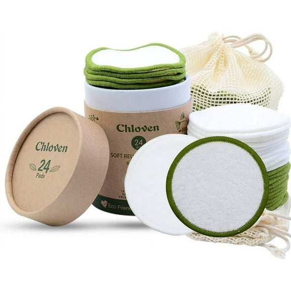 Chloven Reusable Makeup Remover Pads 24 Pack - Washable Eco-Friendly Bamboo Velour Pads for All Skin Types,Bamboo Reusable Cotton Rounds for Toner, with Cotton Laundry Bag and Round Box for Storage