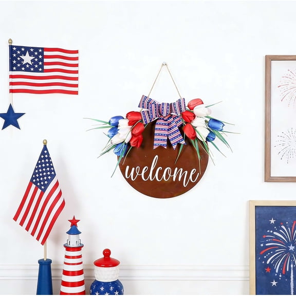 Chmadoxn Patriotic Welcome Sign Front Door Hanger 15.7x11.8 inch, Red White Blue Wooden Flower Wreath with Flag Bow, Vintage 4th of July Memorial Day Porch Decor, Fade-Resistant Easy Hang