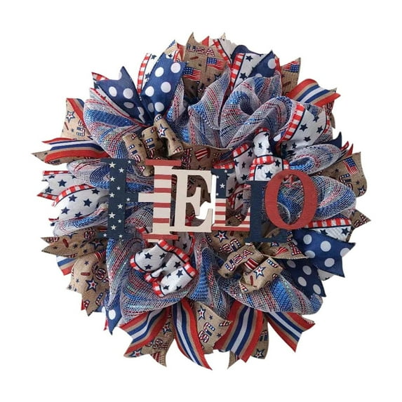Chmadoxn 15.74-Inch Rustic Red, White and Blue Patriotic Fabric Front Door Wreath with Wooden Star Bow - American Style Decoration - Indoor and Outdoor Home Decoration
