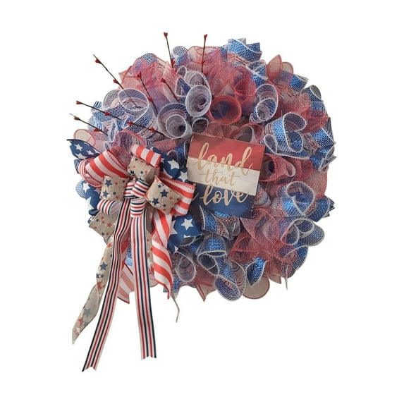Chmadoxn 15.74-Inch Village Red, White and Blue Patriotic Fabric Front Door Wreath with Wooden Star Bow - American Style Decoration - Indoor and Outdoor Home Decoration