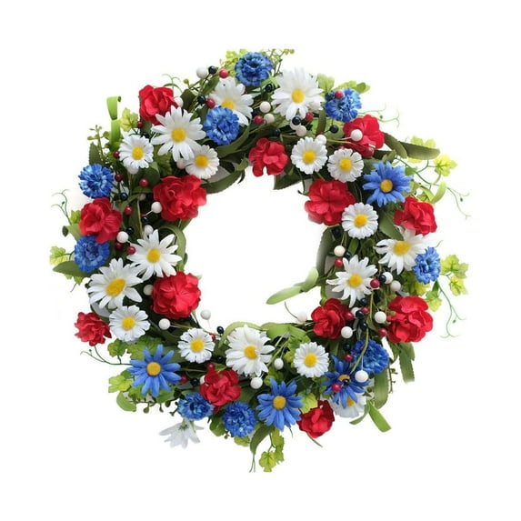 Chmadoxn 15.74-Inch Village Red, White and Blue Patriotic Fabric Front Door Wreath with Wooden Star Bow - American Style Decoration - Indoor and Outdoor Home Decoration