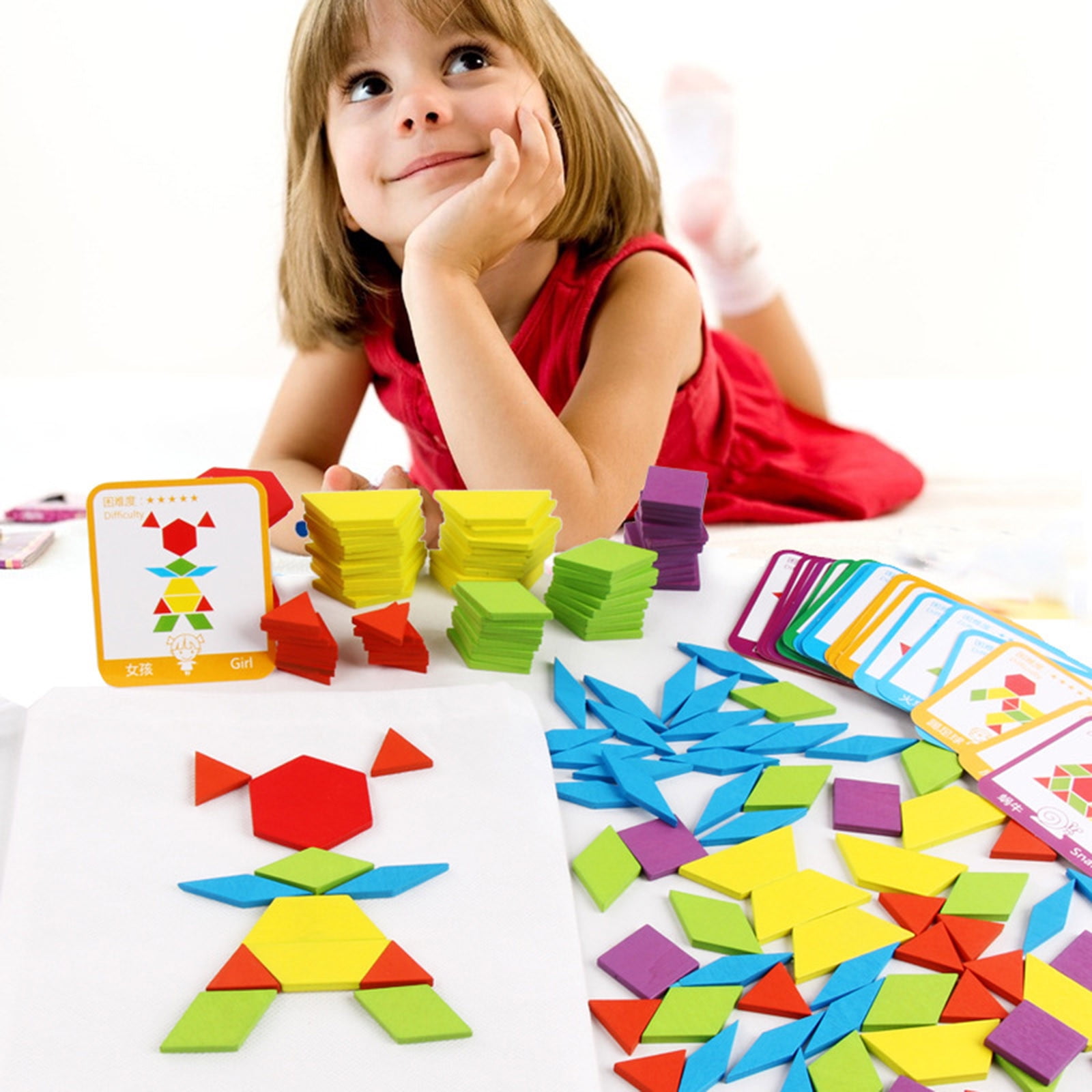 Chmadoxn 155 Pcs Wooden Pattern Blocks Set, Shape Puzzle Tangrams Set, Geometric Shape Puzzle Kindergarten Classic Educational Tangram Toys for Kids Ages 4-8