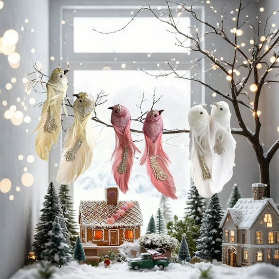 Chmadoxn 2-Pack Christmas Foam Birds with Clip-on Design, Realistic Feather Ornaments for Tree Branches, Indoor/Outdoor Holiday Decor, White/Yellow/Pink, 7.9-Inch