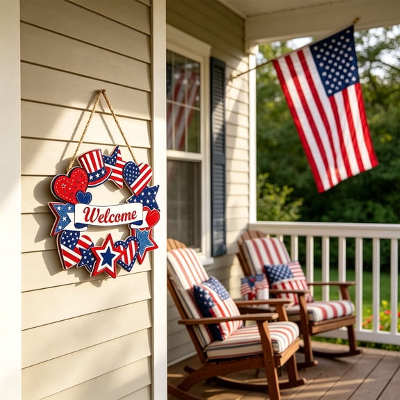 Chmadoxn 4th of July Decorations,Patriotic Decorations Independence Day Wooden Front Door Welcome Star Wreath Round Wooden Independence Day Patriotic Door Pendant