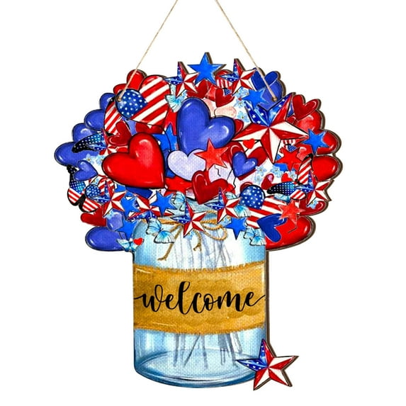 Chmadoxn 4th of July Hanging Door Sign, Independence Day Decorations American Village Wooden Plaque with Rope, Wood American Flag for Front Door Porch Wall Window Decor