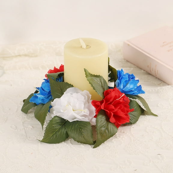 Chmadoxn 4th of July Patriotic Candle Ring Wreath - Red White Blue Flag-Themed Simulated Flower Centerpiece for Family Gatherings, Table Decor, and Independence Day HOME Decoration