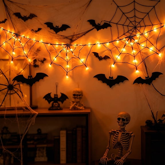 Chmadoxn 6ft Halloween Spider Web Lights, Large 70" LED Spiderweb Decoration with Purple & Orange Modes, Indoor Hanging Web Lights for Spooky Home Wall Party Decor