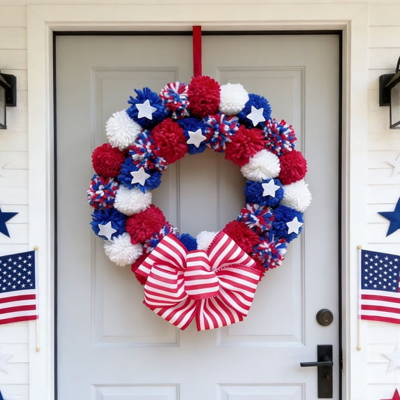 Chmadoxn 11.8 Inch Patriotic Wreath for Front Door, Farmhouse Red White Blue Cloth Flower Wreath, 4th of July Independence Day Memorial Day Wall Window Hanging Decoration