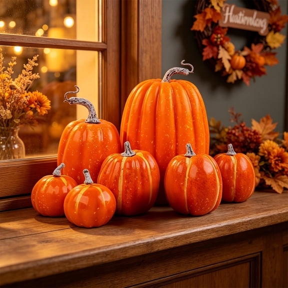 Chmadoxn 7 Pcs Artificial Orange Pumpkins Set, Assorted Sizes Foam Pumpkins for Fall Thanksgiving Halloween Decor, Decorative Table Centerpiece & Mantel DIY Craft Pumpkin Supplies