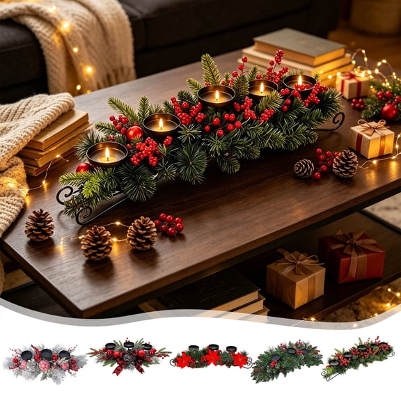 Chmadoxn Artificial Christmas Centerpiece with Candle Holders, 26" Metal Sleigh Table Arrangement with Red Berries, Pinecones & Poinsettia, Winter Holiday Decor for Dining Table & Mantel