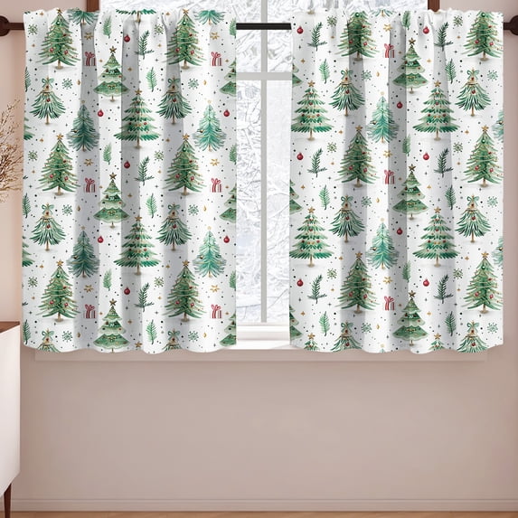Chmadoxn Christmas Green Forest Small Kitchen Curtains, Nature Window Treatment Tree Woodland Rod Pocket Cafe Short Curtains for Bathroom Dining Laundry Room Mountain Tier Treatment Drapes