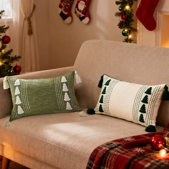 Chmadoxn Christmas Tree Embroidered Pillow Cover with Tassel Detail, Green & White Cotton Linen Blend, Decorative Holiday Accent for Sofa, Bed, Couch (Insert Not Included)