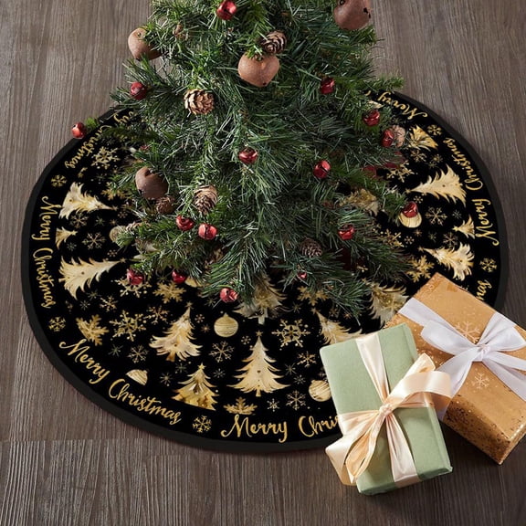 Chmadoxn Christmas Tree Skirt 47.2 Inches, Black Backgrond Snowflake Pencil Tree Skirt, Short Plush Printed Tree Skirt Gold Christmas Tree Base Apron, Winter Xmas Tree Mat Decorations for Home Decor