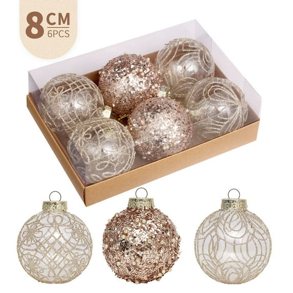 Chmadoxn Clear Christmas Ball Ornaments, 6 ct Shatterproof Plastic Decorative Christmas Ornaments, Hanging Xmas Tree Baubles Set with Stuffed Delicate Glittering Decorations for Holiday Party Decor