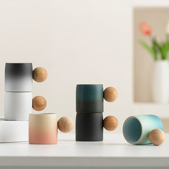 Chmadoxn Cute Mini Ceramic Coffee Cup - 3.3×2.1 Inch Rough Pottery Cup with Wooden Ball Handle, Gradient Glaze Classical Design, High-Temp Fired for Tea/Coffee (White/Gray/Black/Pink/Blue/Multicolor)