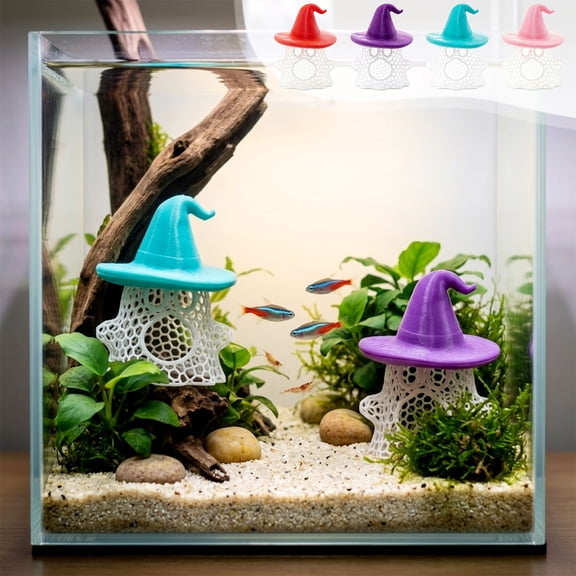 Chmadoxn Floating Ghost Aquarium Hideout with Witch Hat, Hollow Mesh Fish Tank Shelter for Betta Fish & Shrimp, Halloween Aquarium Ornament, Safe Small Fish Refuge