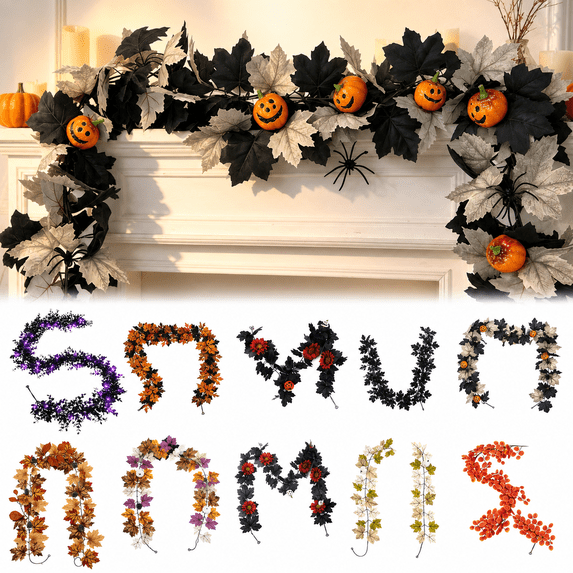 Chmadoxn Halloween Black Garland with Purple LED Lights, 70.08" Artificial Black Leaves Flower Garland for Mantel Fireplace Stairs Party Decor, Spooky Indoor Outdoor Hanging Vine