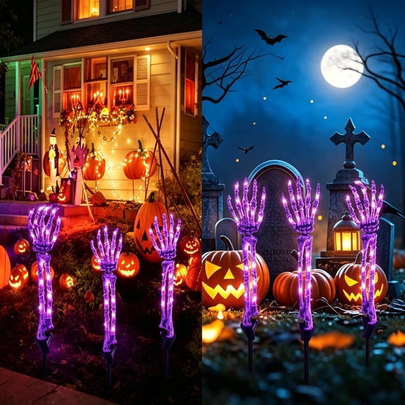 Chmadoxn Halloween LED Skeleton Hand Ground Stakes, 18" Glowing Ghost Hand Props, 2-Pack Purple Lighted Skeleton Arms for Yard Garden Decor, Waterproof Battery Operated Decor