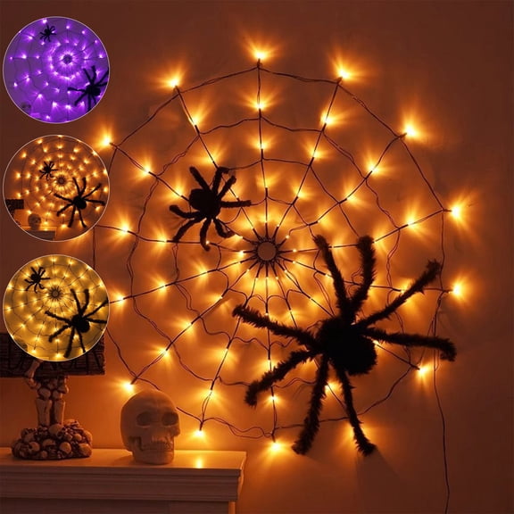 Chmadoxn Halloween Spider Web Lights 47 Inch LED String Lights Spooky HOUSE Decor for Indoor Room Wall Bar Party Window Decorations, Purple Orange Yellow