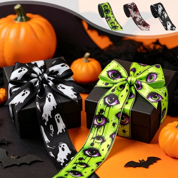Chmadoxn Halloween Wired Edge Ribbon, 2.5" x 5 Yards, Spooky Ghost Skull Rose & Bleeding Eyes Patterns, Decorative Ribbon for DIY Wreaths, Bow Making & Gift Wrapping
