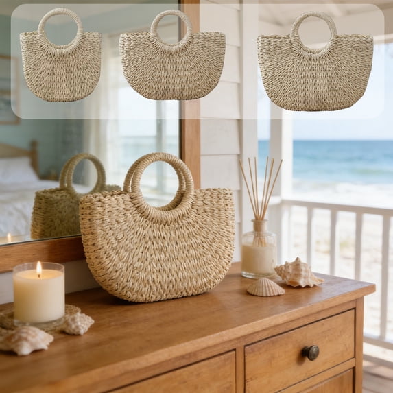 Chmadoxn Handmade Rattan Woven Straw Tote Bag for Women, Summer Beach Shoulder Handbag Large Beige Boho Travel Purse with Round Handles Vacation Essential